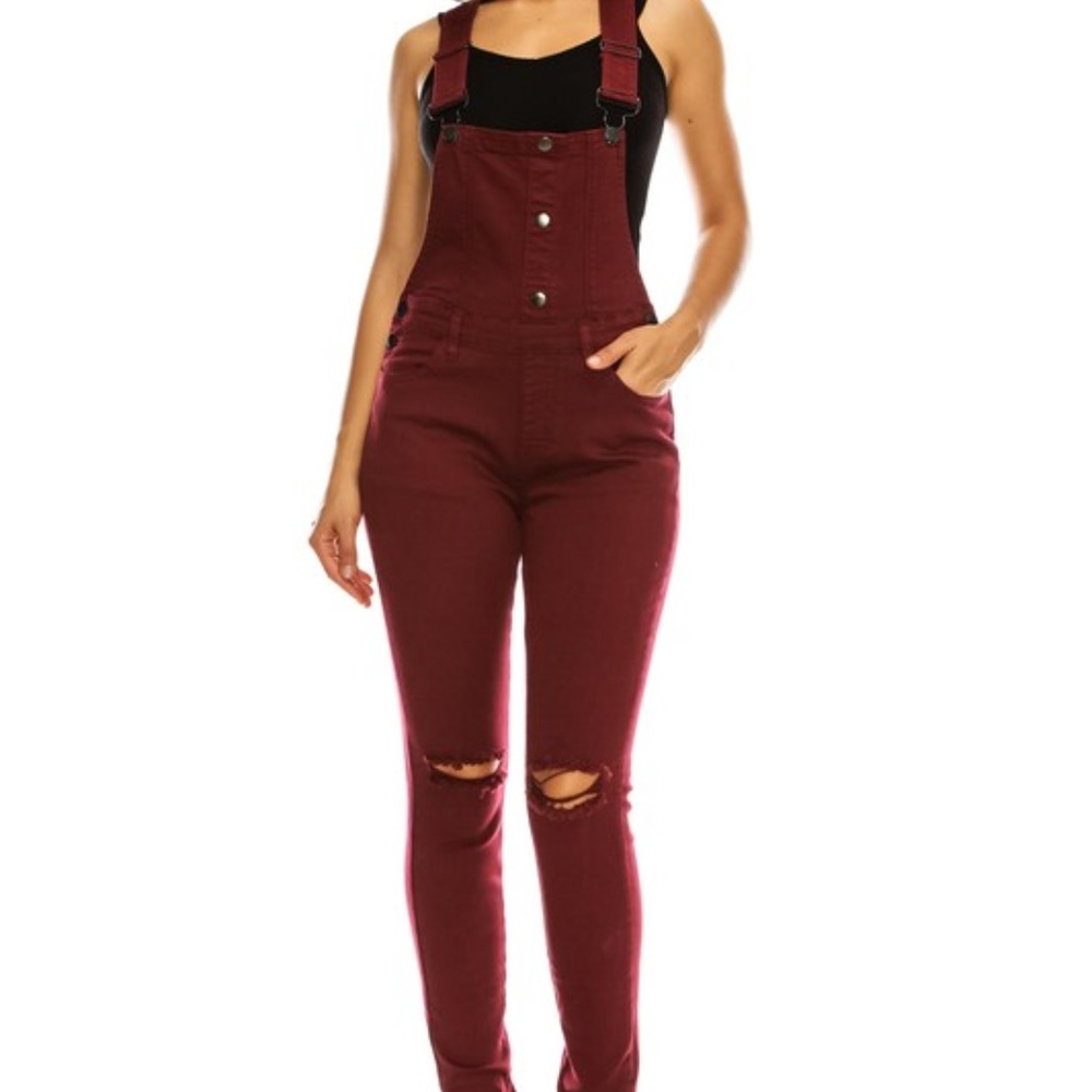 FALL RED BURGUNDY BUTTON UP SLIT OVERALLS